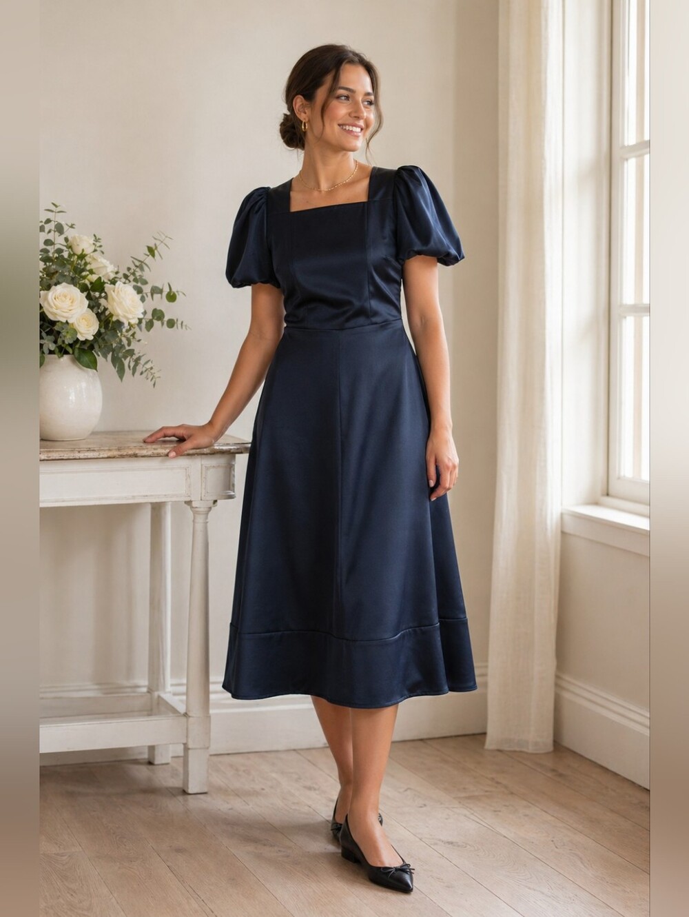 NWT - Satin Navy Puff Sleeve Square Neckline Tailored Midi Dress - Size XL